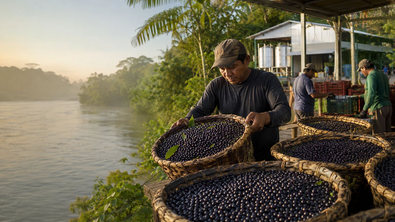 Produtor com paneiros de açaí em uma unidade amazônica de recebimento