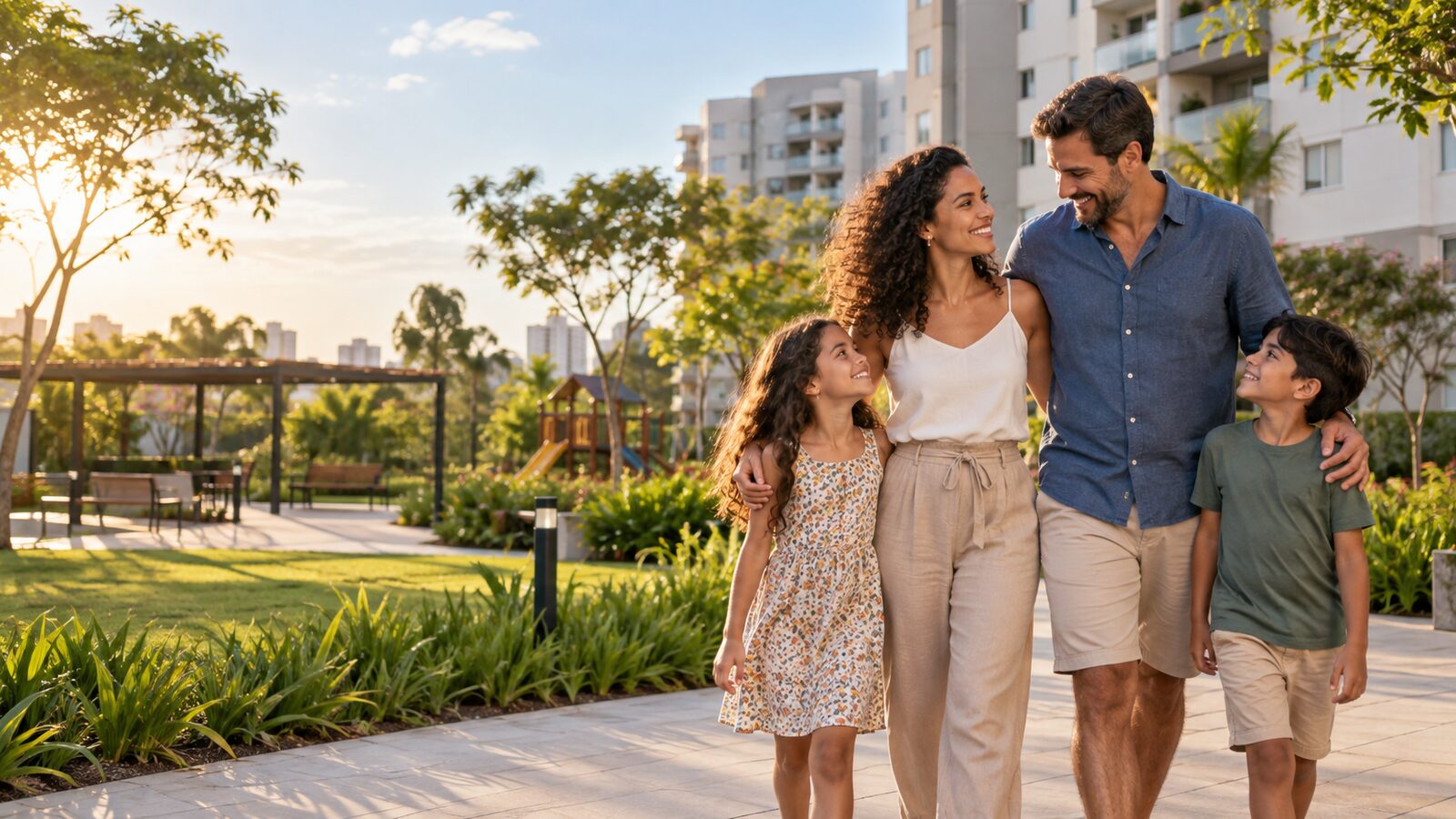 Família feliz convivendo na área comum de um condomínio